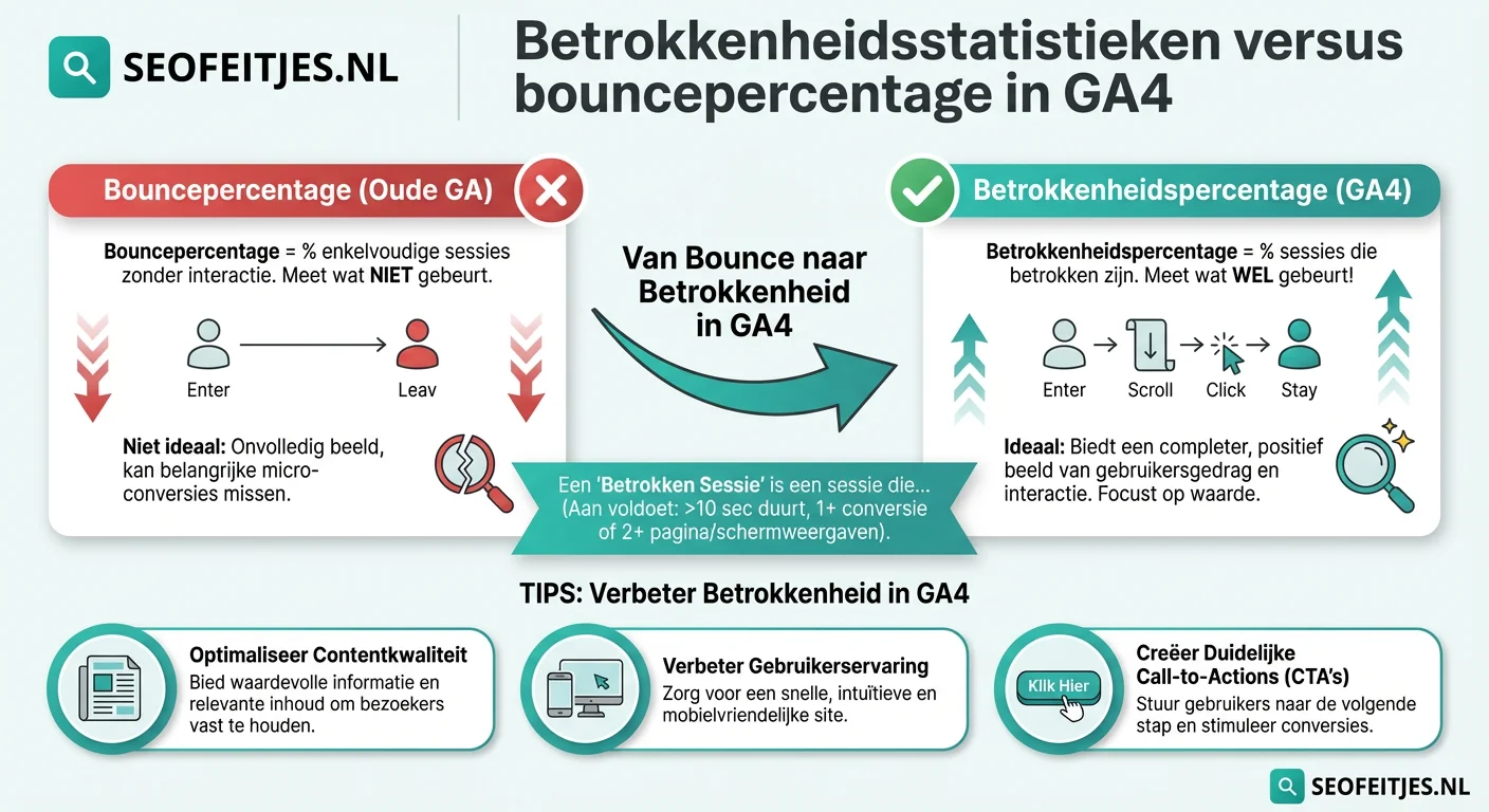 Infographic over: Betrokkenheidsstatistieken versus bouncepercentage in GA4