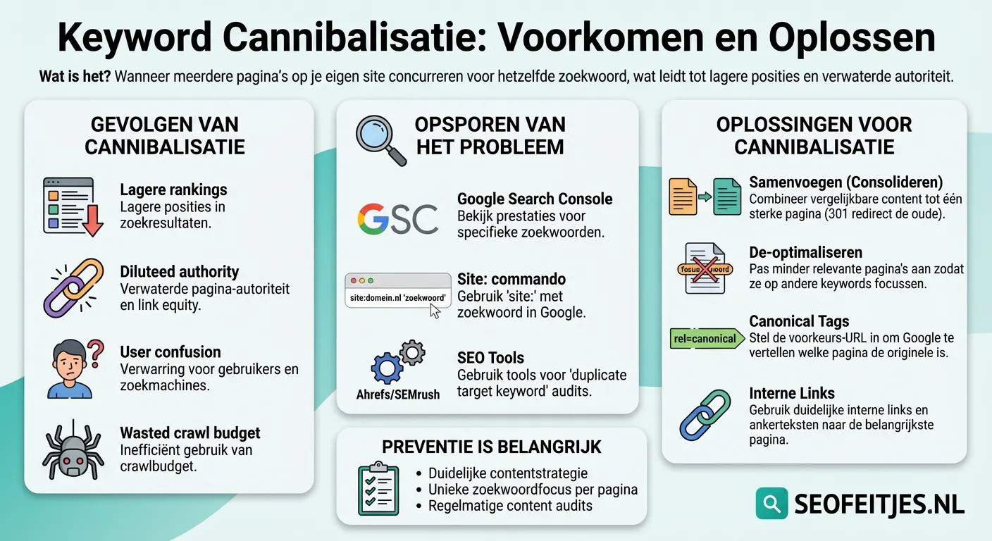Infographic over: Keyword cannibalisatie voorkomen en oplossen