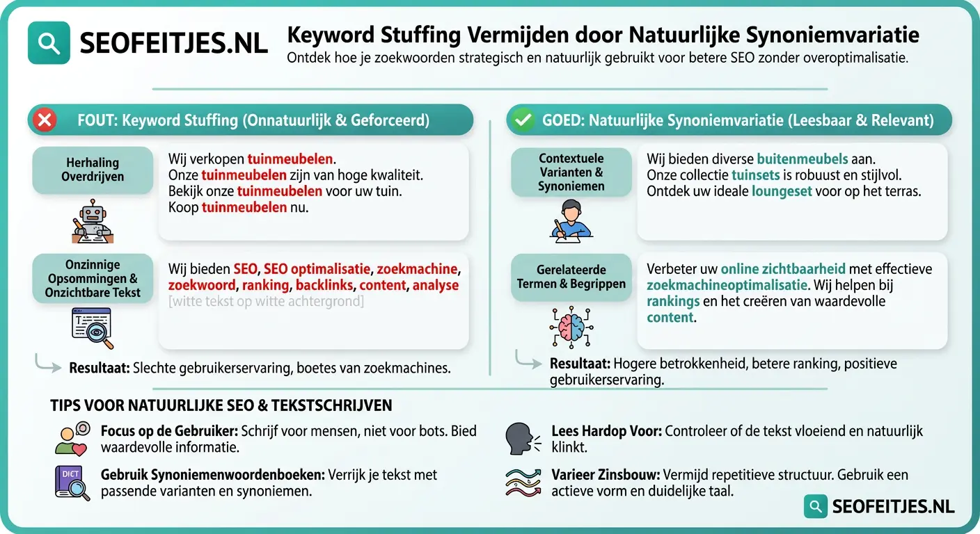 Infographic over: Keyword stuffing vermijden door natuurlijke synoniemvariatie