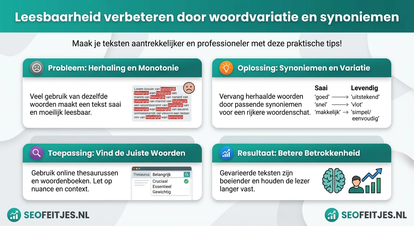 Infographic over: Leesbaarheid verbeteren door woordvariatie en synoniemen