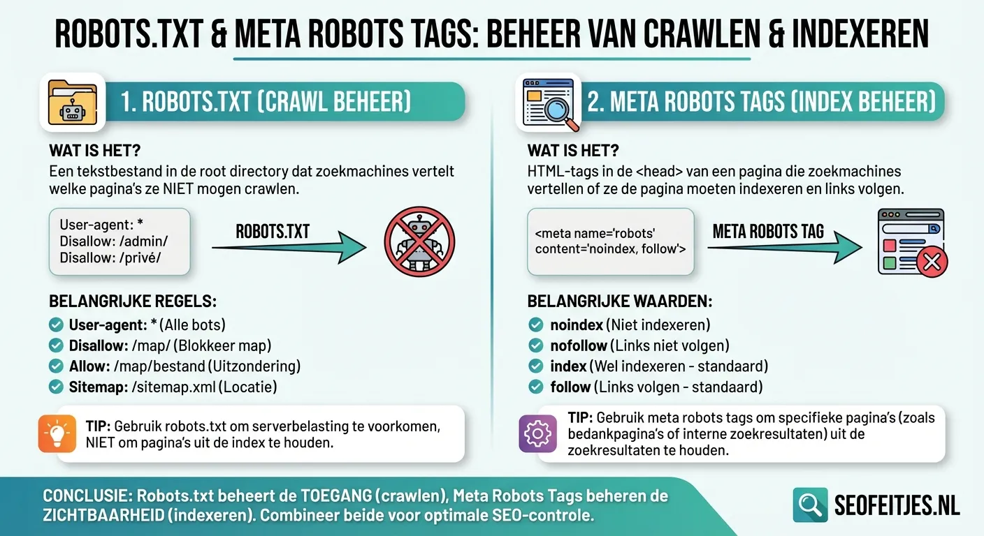 Infographic over: Robots.txt en meta robots tags voor crawl- en indexbeheer