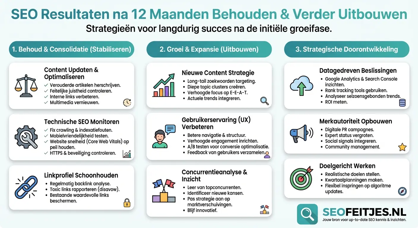 Infographic over: SEO resultaten na 12 maanden behouden en verder uitbouwen