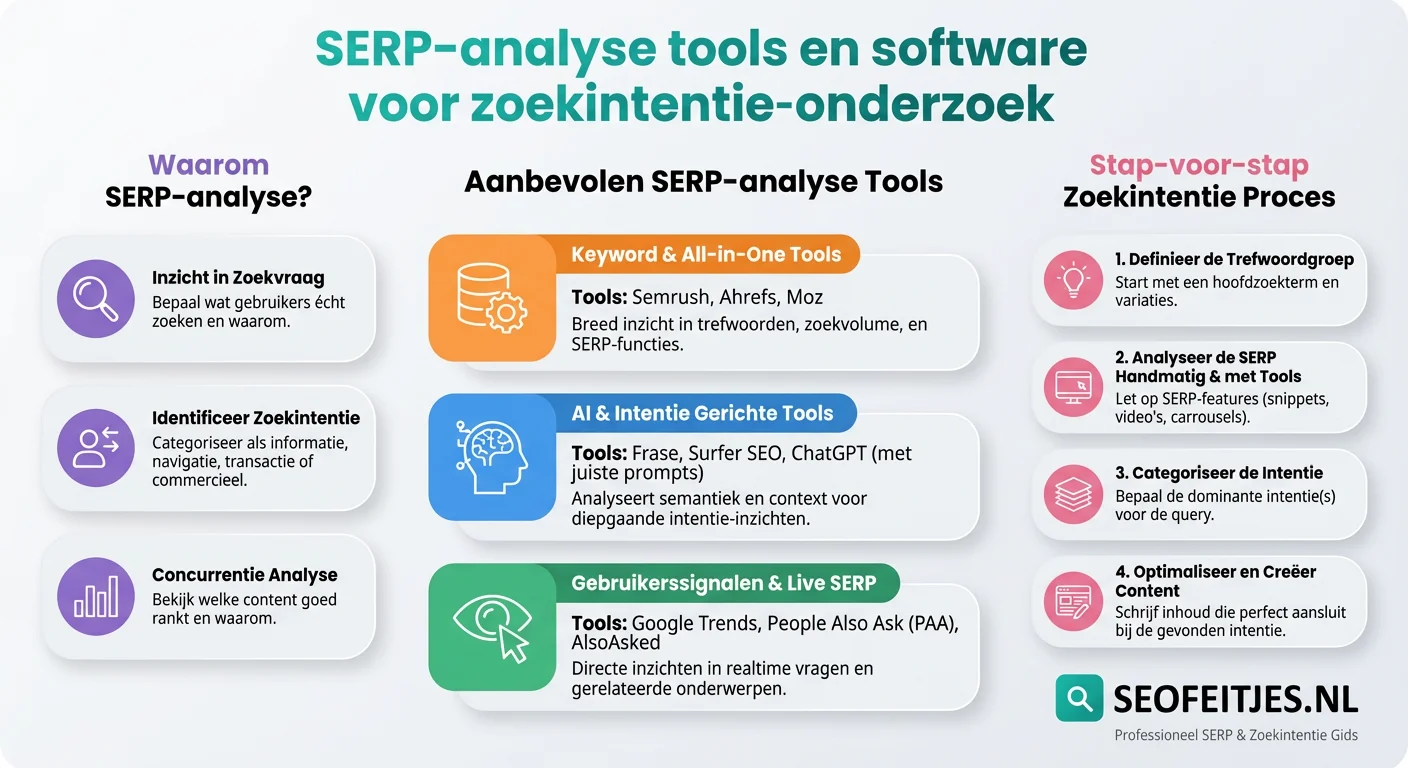 Infographic over: SERP-analyse tools en software voor zoekintentie-onderzoek