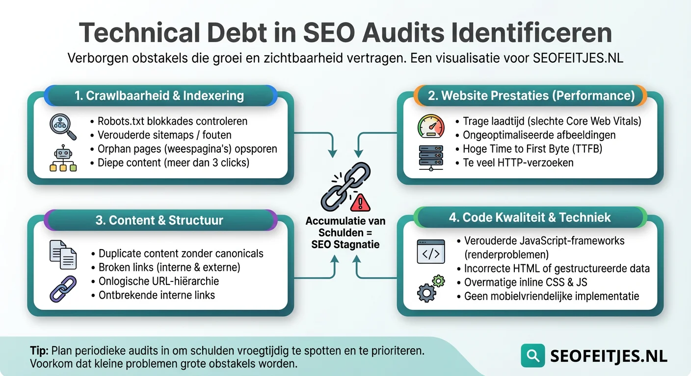 Infographic over: Technical debt in SEO audits identificeren