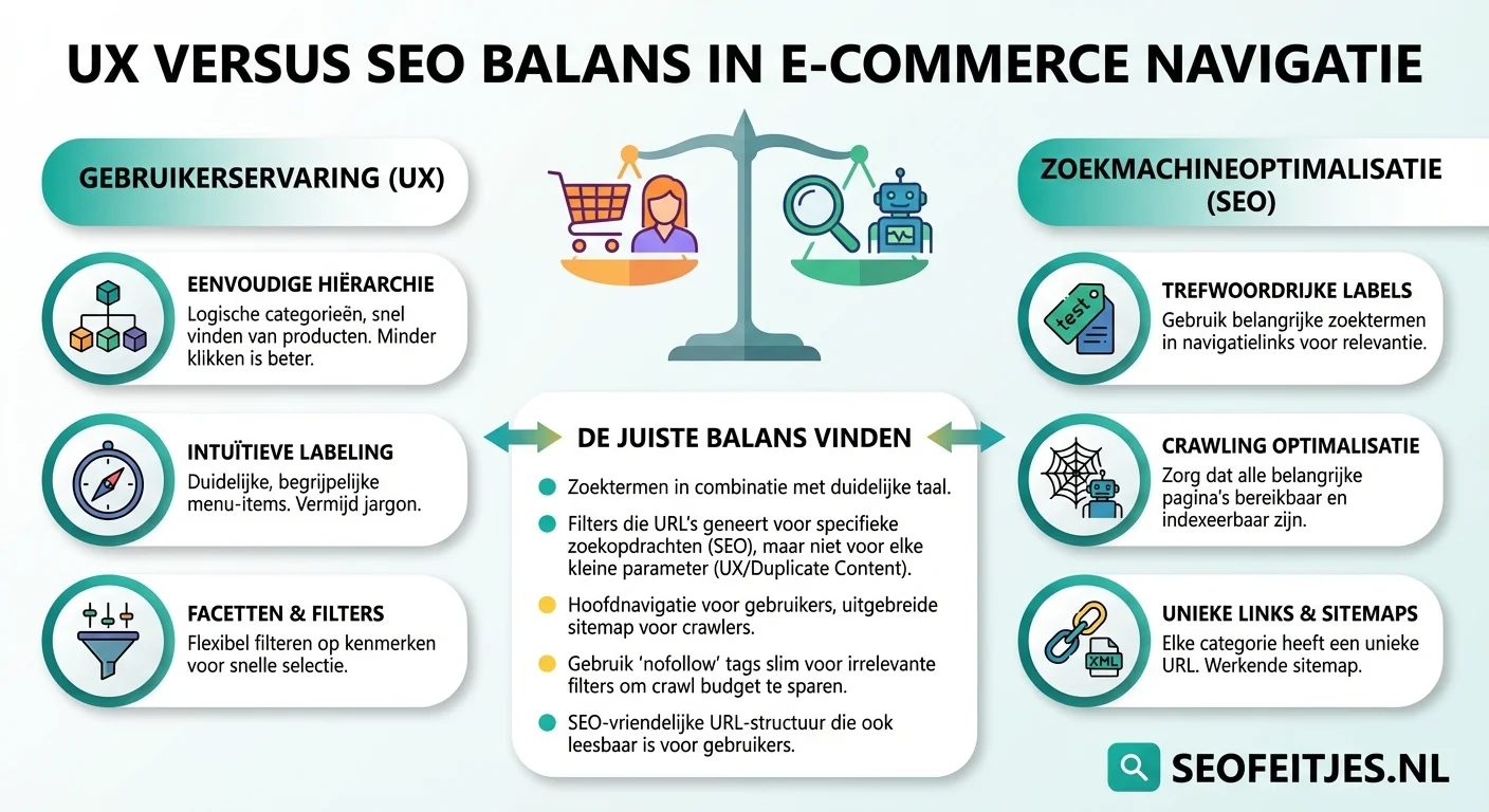 Infographic over: UX versus SEO balans in e-commerce navigatie